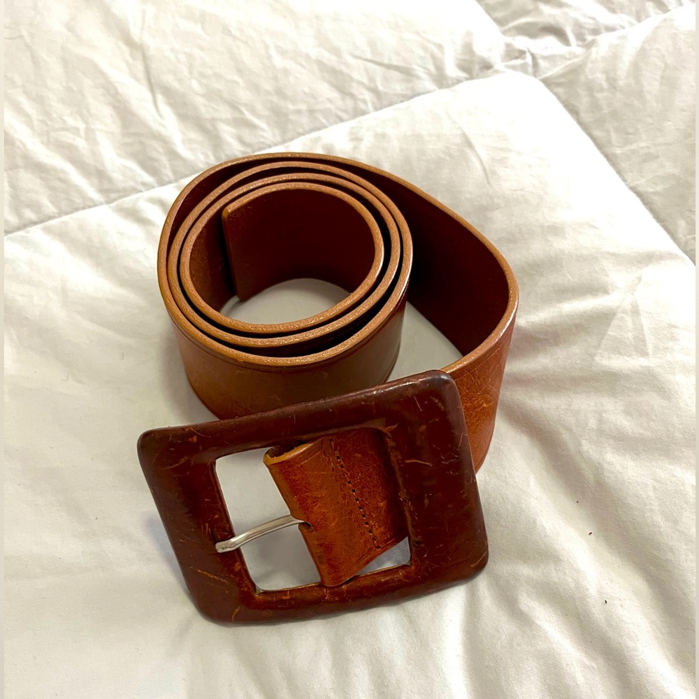 Women’s Tan Leather Wide Belt with Square Buckle